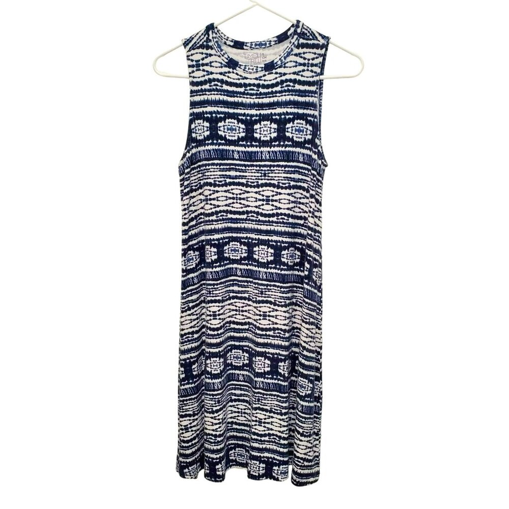 Time And Tru Sleeveless Tank Dress, Size S, Blue White Aztec Print Rayon Summer